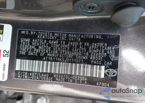 2018 Toyota Camry Xle из США, поврежденный, VIN 4T1B11HK5JU111571